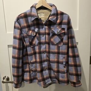 Sage Collective SHERPA LINED FLEECE JACKET SHACKET Purple Plaid Pockets Large